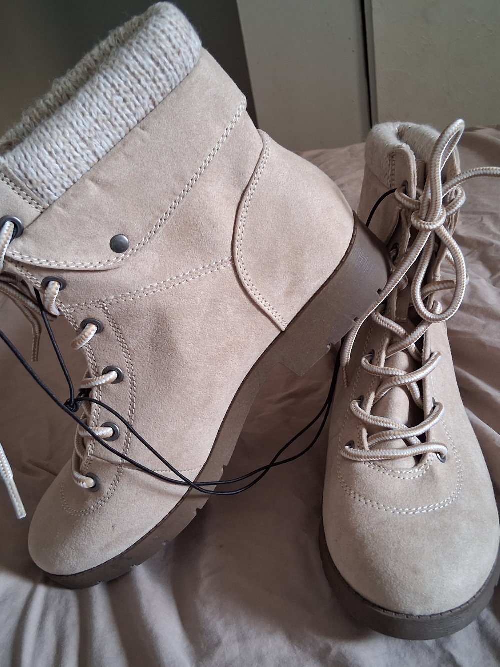 St. John's Bay Beige Suede Lace-Up Ankle Boots with Knit Collar